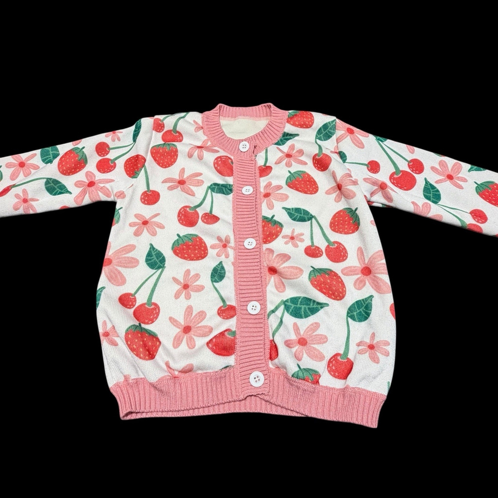 M Dian Xi Girls Cherry Strawberry Flower Print Pink Cardigan Sweater 10-12 READ